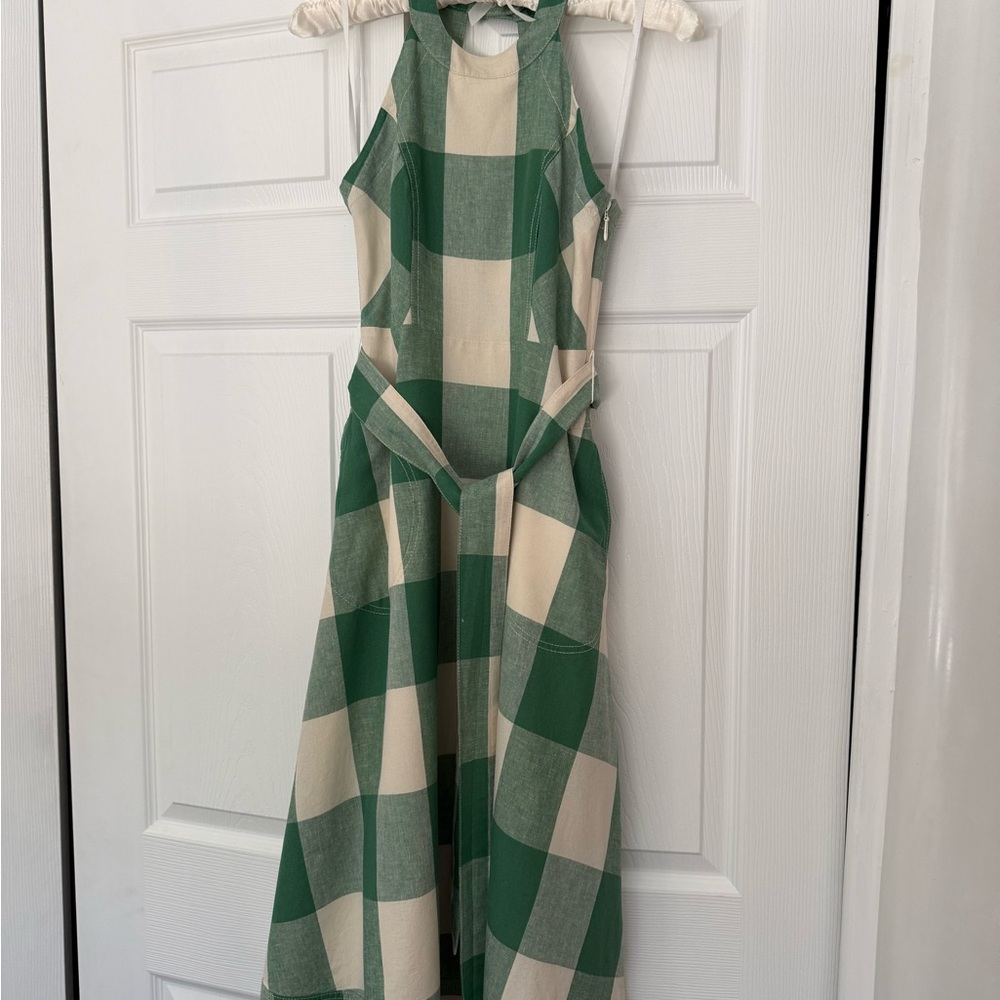 Anthropologie Green and Cream Plaid Backless Dress